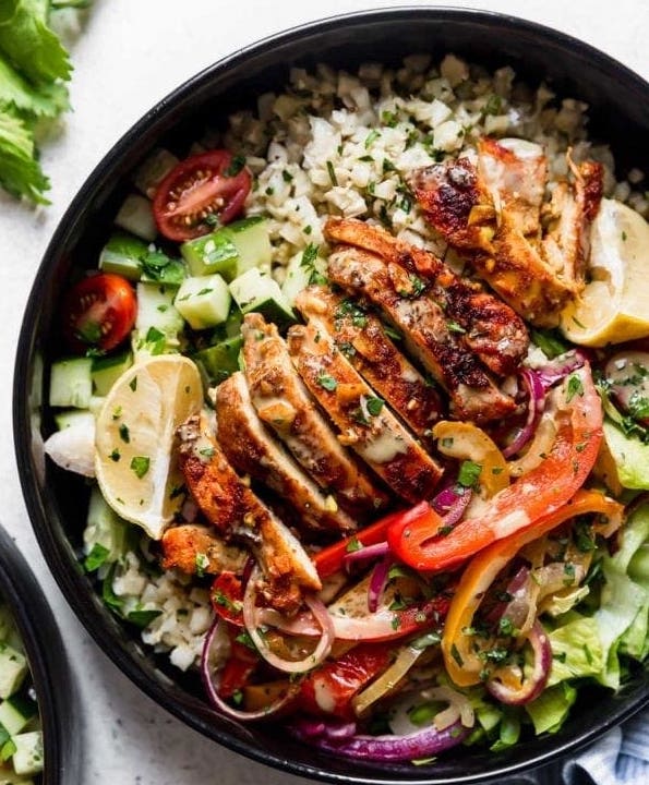 sheet pan chicken shawarma bowls - easy lunch ideas for work