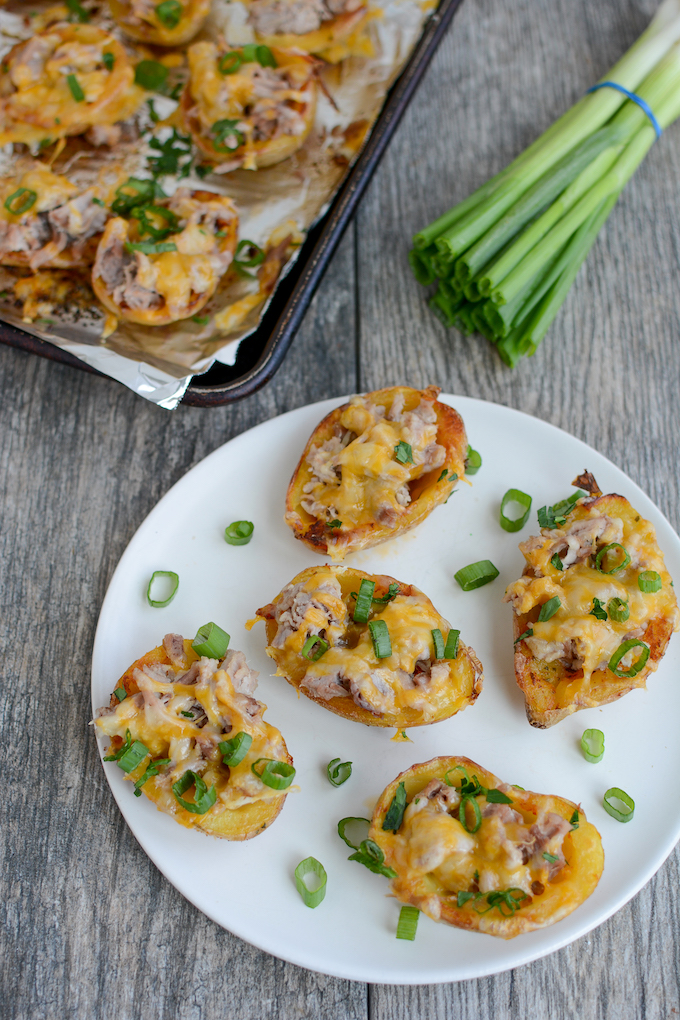 Crispy Pulled Pork Potato Skins 5 crispy pulled pork potato skins in the oven