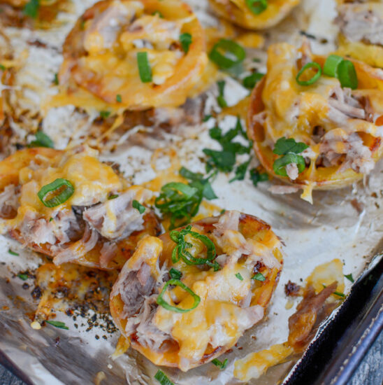 cheesy pulled pork potato skins