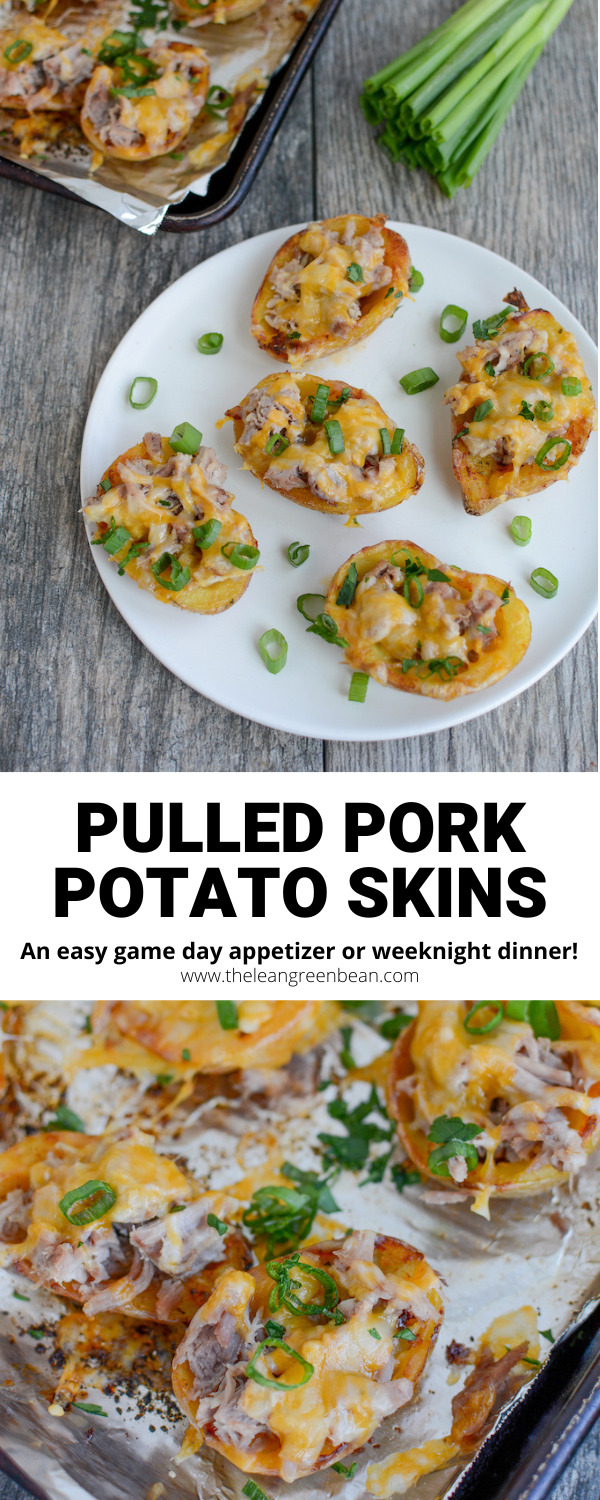 These Pulled Pork Potato Skins are perfect for a game day or party appetizer or even a quick and easy weeknight dinner! Everyone can customize a few to their liking!