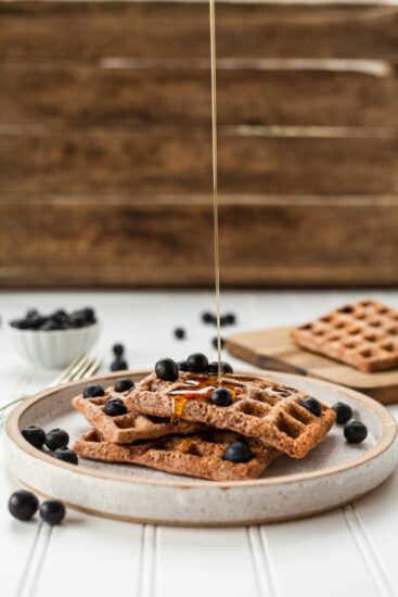 waffles with maple syrup. maple syrup is a sugar substitute