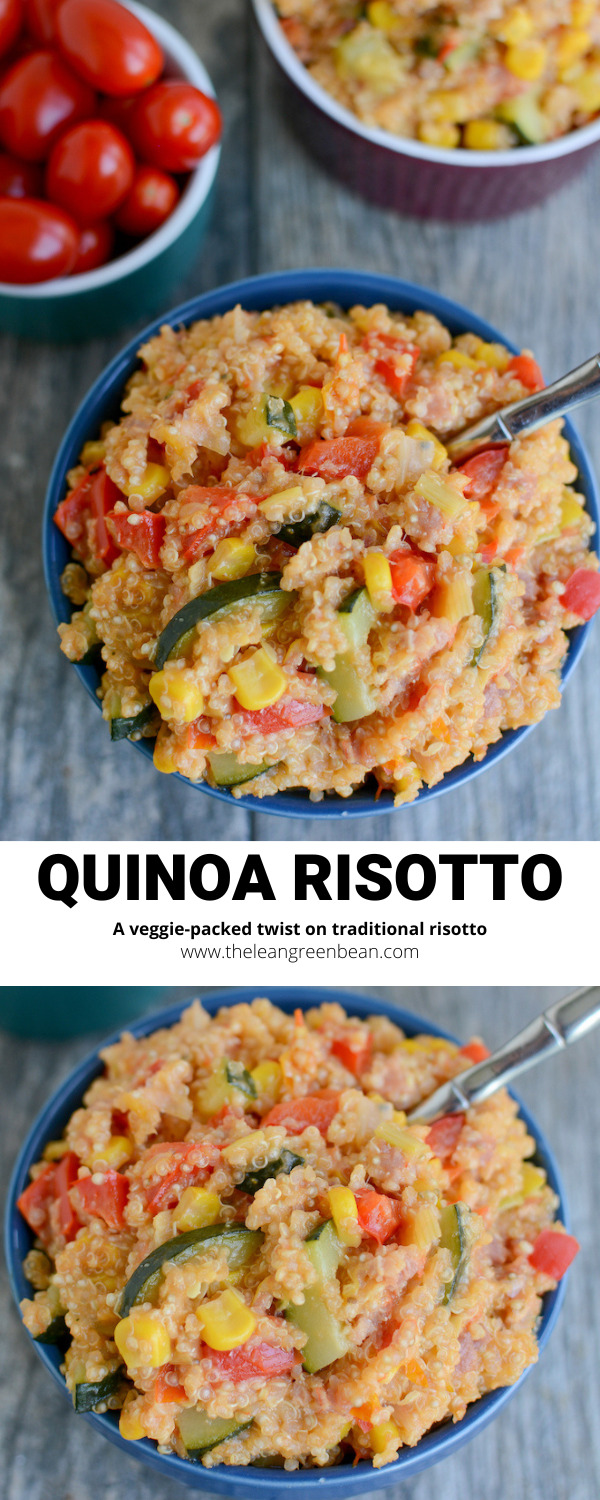 This gluten-free quinoa risotto is packed with veggies and full of flavor. It's a fun change from traditional risotto made with rice and only takes about 30 minutes to make.
