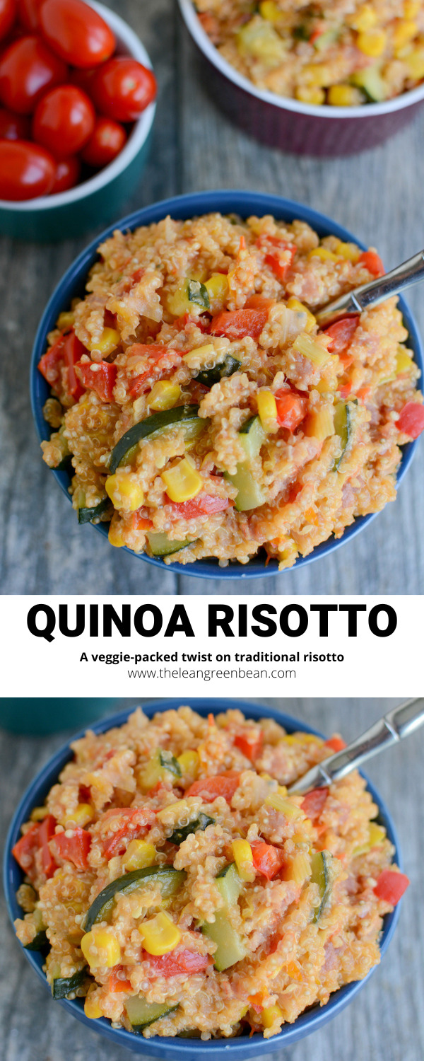 Quinoa Risotto 8 This gluten-free quinoa risotto is packed with veggies and full of flavor. It's a fun change from traditional risotto made with rice and only takes about 30 minutes to make.