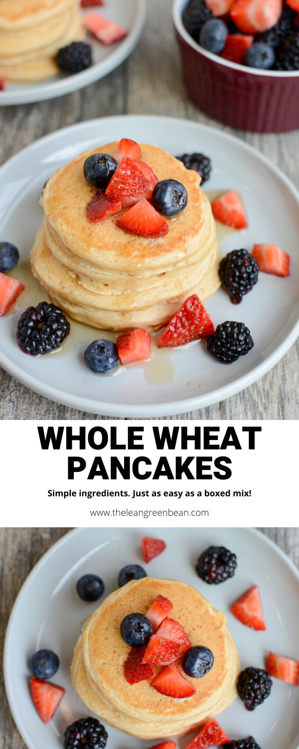 These easy homemade whole wheat pancakes will quickly become your go-to pancake recipe. Perfect for breakfast and freezer-friendly!
