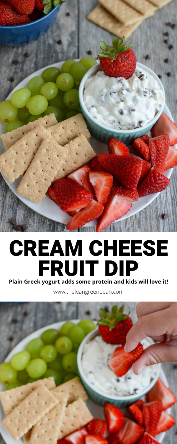 This cream cheese fruit dip is made with Greek yogurt for extra protein, lightly sweetened and great for scooping with your favorite fruits!