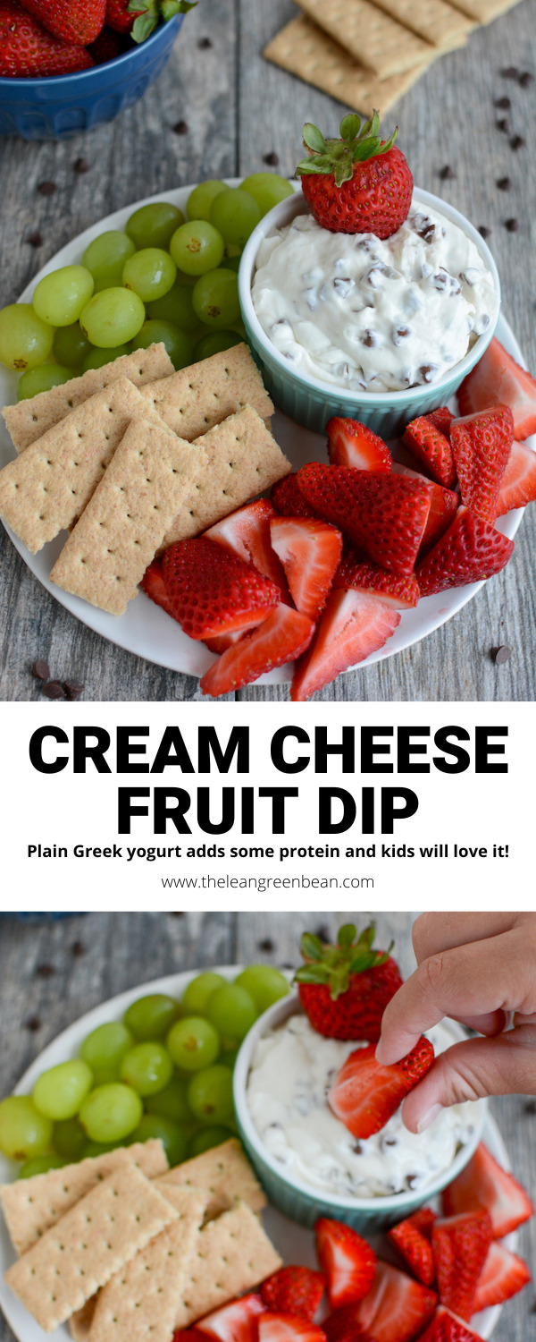 Cream Cheese Fruit Dip 10 This cream cheese fruit dip is made with Greek yogurt for extra protein, lightly sweetened and great for scooping with your favorite fruits!