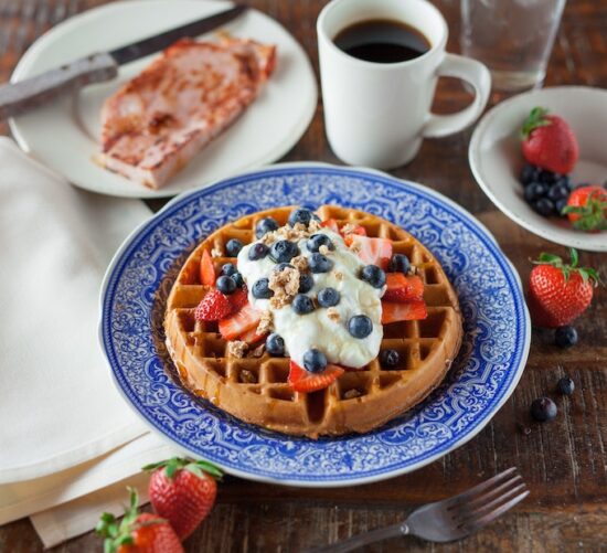 egg waffles with blueberries and strawberries