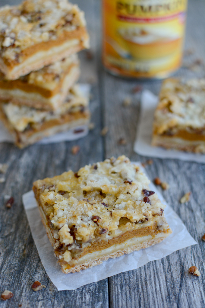 Pumpkin Pie Bars - easy recipe using yellow cake mix to make a layered pumpkin pie bar recipe