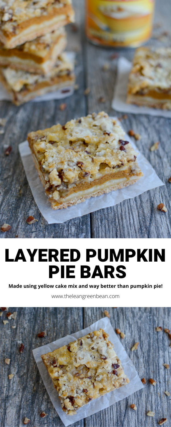 Pumpkin Pie Bars 14 These pumpkin pie bars use a box of yellow cake mix plus a few simple ingredients to make the most delicious pumpkin pie bar recipe. Perfect for Thanksgiving dessert or any other occasion.