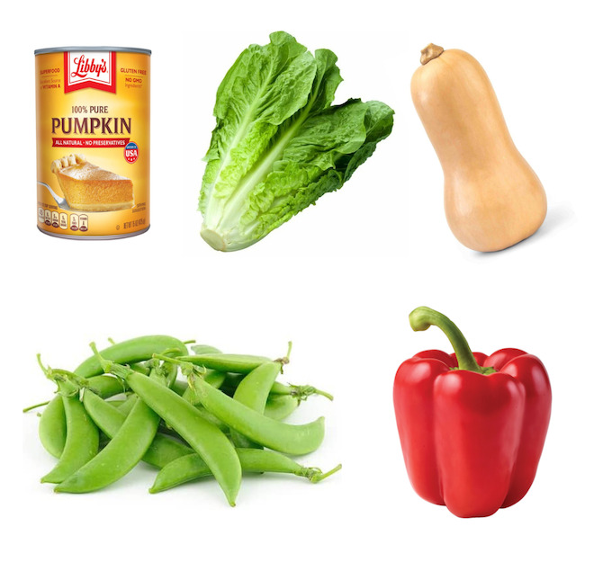 new vegetables to try - pumpkin, romaine lettuce, butternut squash, snap peas, red peppers