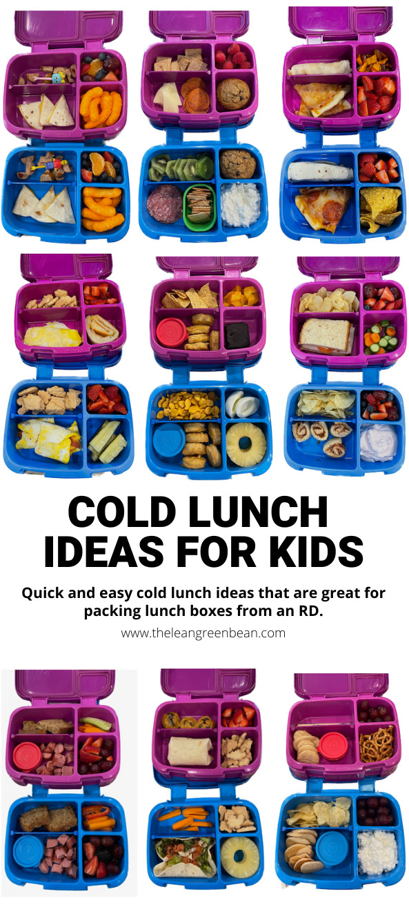 Looking for cold lunch ideas for kids? Here are real-life ideas packed by a Registered Dietitian mom for her elementary school kids.