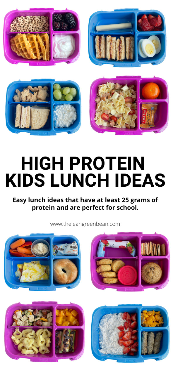 High Protein Kids Lunch Ideas 10 Here are some ideas for high protein kids lunch ideas with 25+ grams of protein? Plus a breakdown of the protein in each item from a Registered Dietitian.
