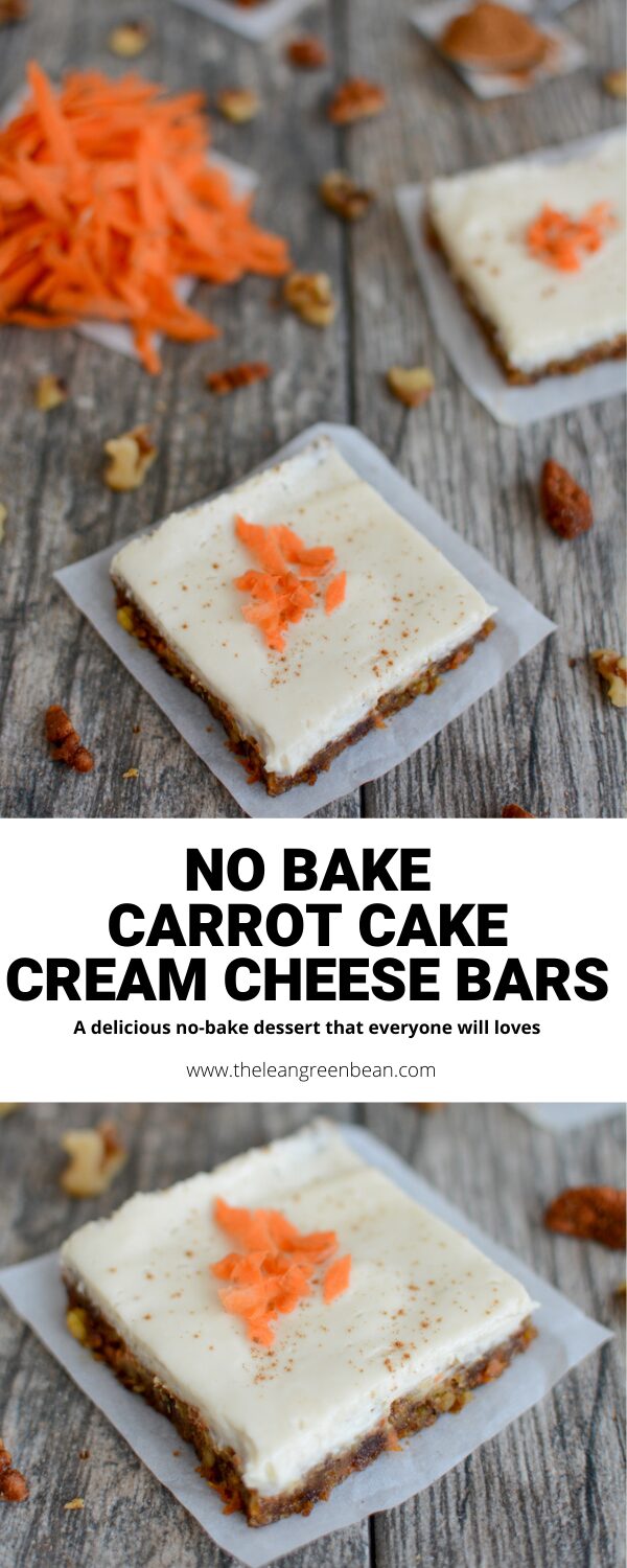 These No-Bake Carrot Cake Cream Cheese Bars are a healthy twist on carrot cake- no oven required! Guaranteed to please a crowd at your next party or gathering.
