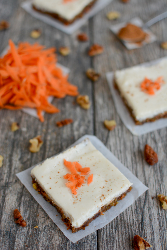No-Bake Carrot Cake Cream Cheese Bars 6 carrot cake bars with cream cheese frosting