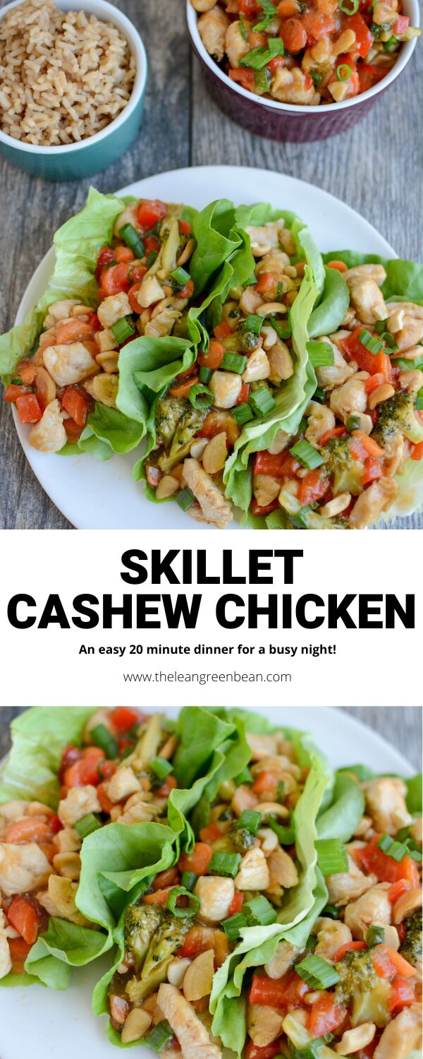 This Skillet Cashew Chicken recipe is the perfect one-pan dinner. It comes together quickly and is full of flavor. Make it spicy or mild and serve it in lettuce wraps or over rice!