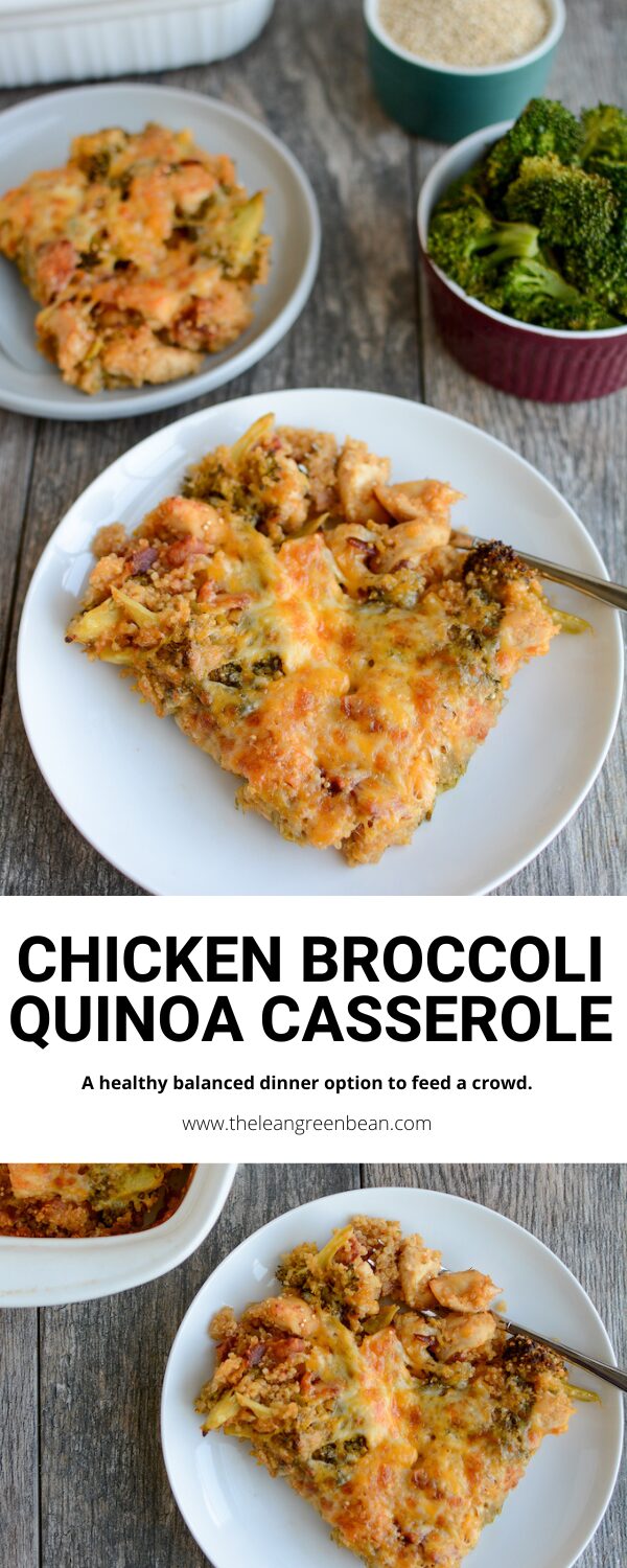Broccoli Chicken Quinoa Casserole 8 This broccoli chicken quinoa casserole is perfect for a healthy, balanced meal. Perfect for food prep or make it for dinner and enjoy the leftovers for lunch!