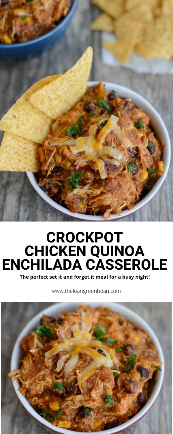 This slow cooker chicken quinoa enchilada casserole is perfect for lunch or dinner on a busy week. Or enjoy some now and freeze half for later.