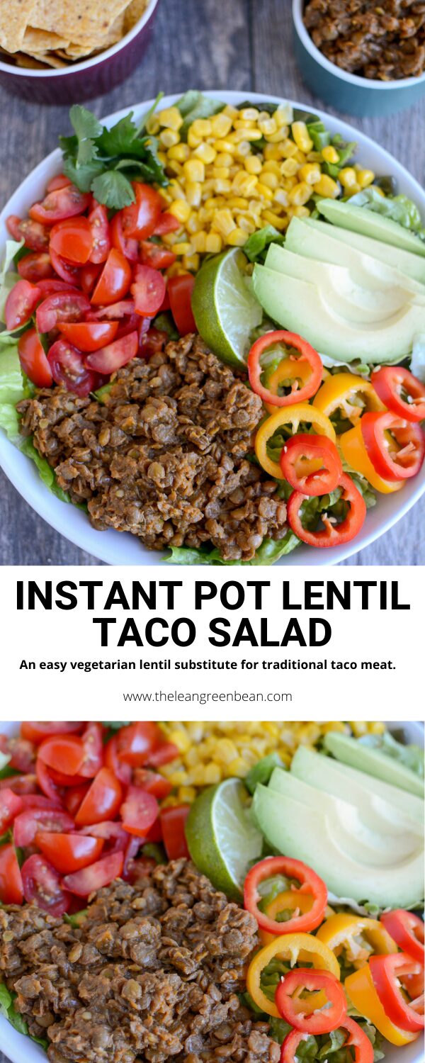 This Instant Pot Lentil Taco Salad is an easy vegetarian dinner. Cook the lentils in the Instant Pot and serve over lettuce with all your favorite toppings.