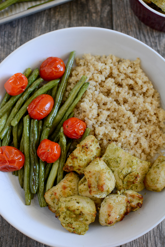 gluten-free pesto chicken quinoa bowls with roasted green beans