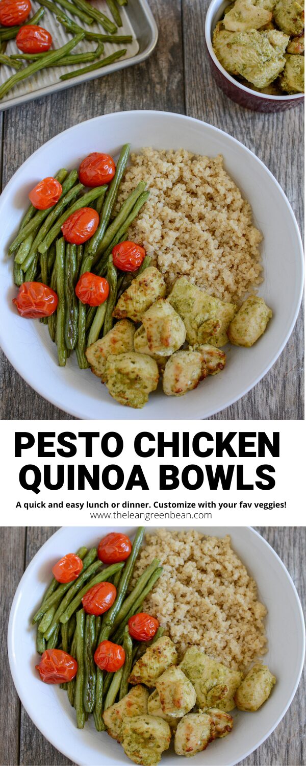 These Pesto Chicken Quinoa Bowls are full of flavor and perfect for a quick lunch or dinner. Pesto-marinated chicken with buttery quinoa and roasted veggies are the perfect match!