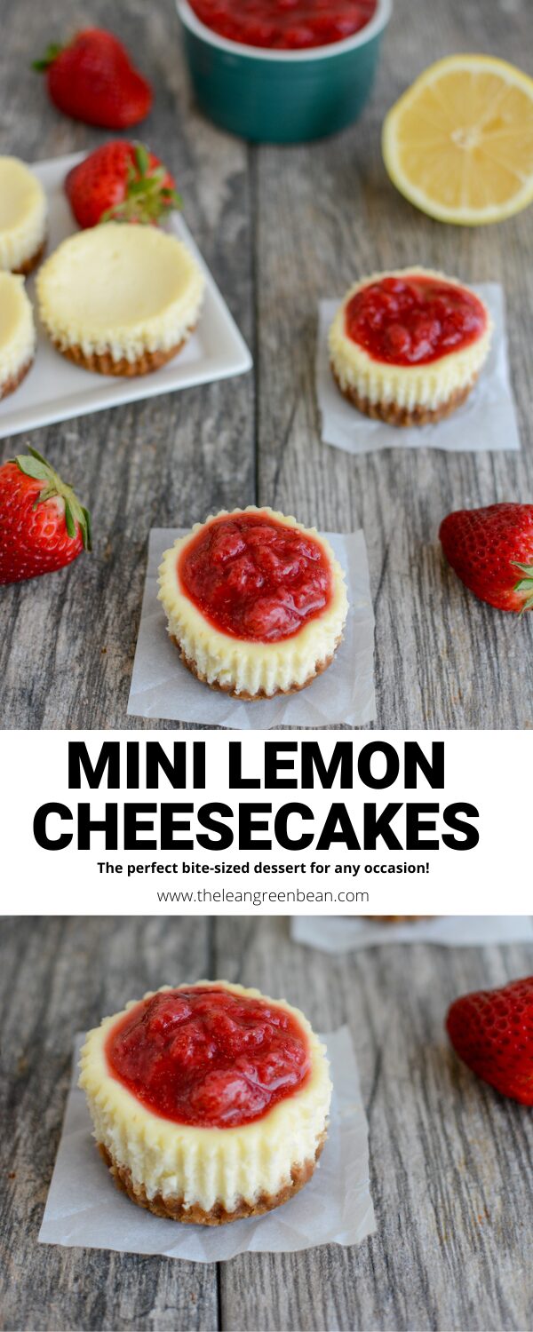 These are the best easy mini lemon cheesecakes to serve for dessert at your next party or gathering. Top them with a simple strawberry sauce and enjoy!