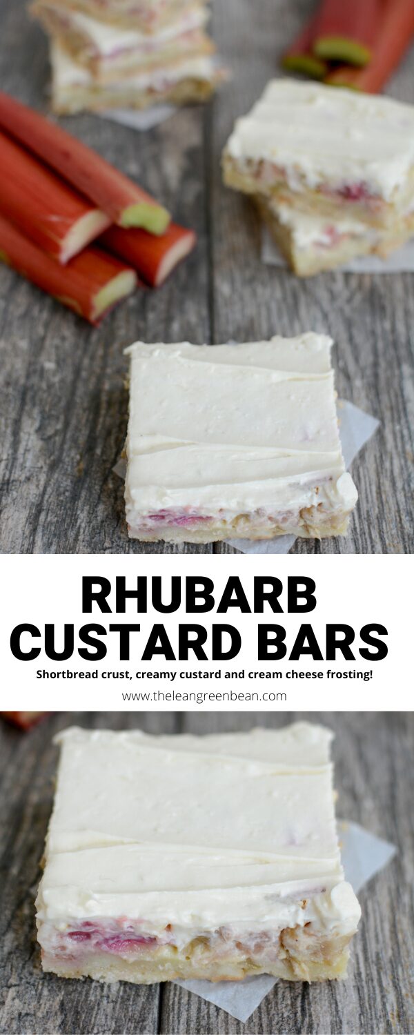 These Rhubarb Custard Bars are the perfect spring party dessert! It's the perfect combination of shortbread crust, custard, rhubarb and cream cheese frosting that everyone will love.