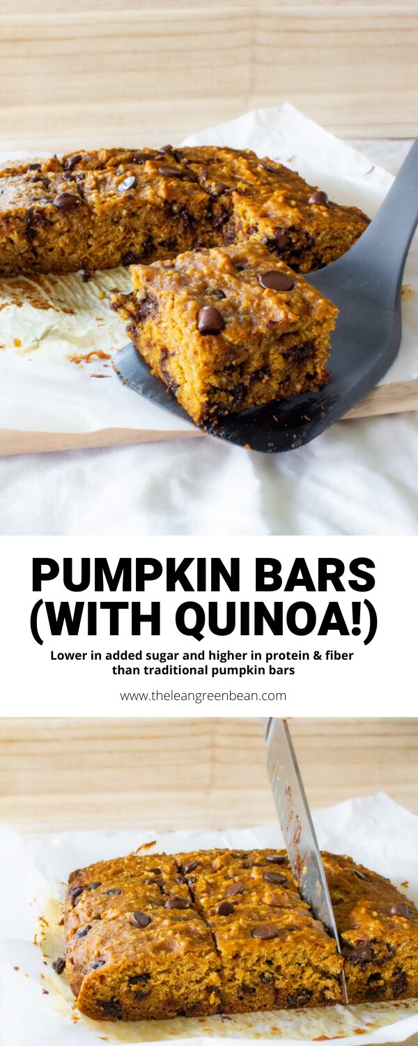 Chocolate Chip Pumpkin Bars with Quinoa 10 These chocolate chip pumpkin bars pack an extra nutritional punch thanks to the addition of quinoa! Kid-friendly and easy to make, they'll quickly become a favorite Fall recipe!