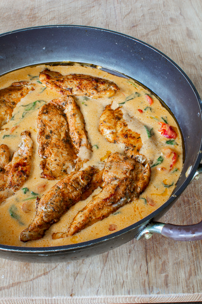Creamy Tomato Chicken Pasta 8 chicken in creamy tomato sauce with cherry tomatoes and spinach