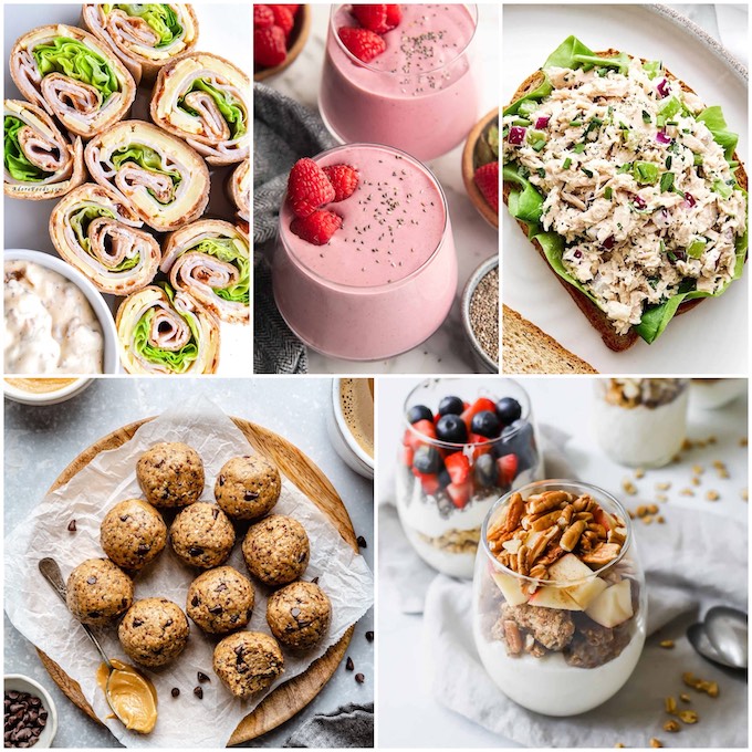 30+ Easy Protein Snacks 15 5 minute protein snacks - turkey rollups, smoothie, tuna salad, energy bites, yogurt parfait