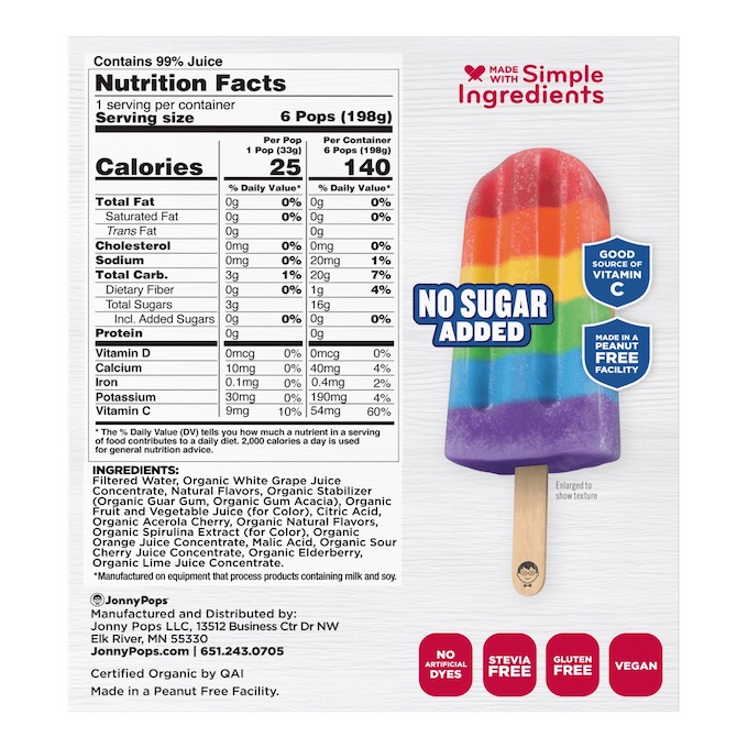 jonny pops nutrition label
