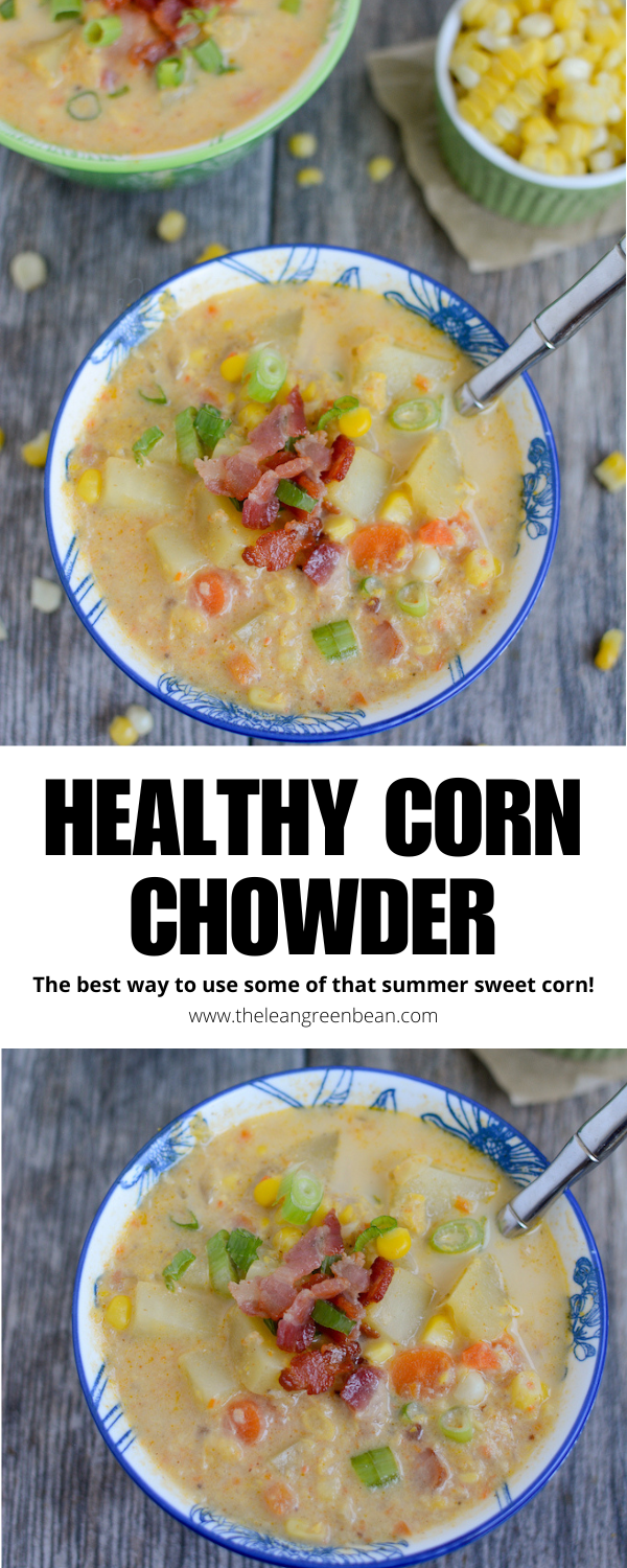 This lightened-up, healthy corn chowder is the perfect way to use up that summer sweet corn! Made with just a splash of cream and lightly blended for creaminess.