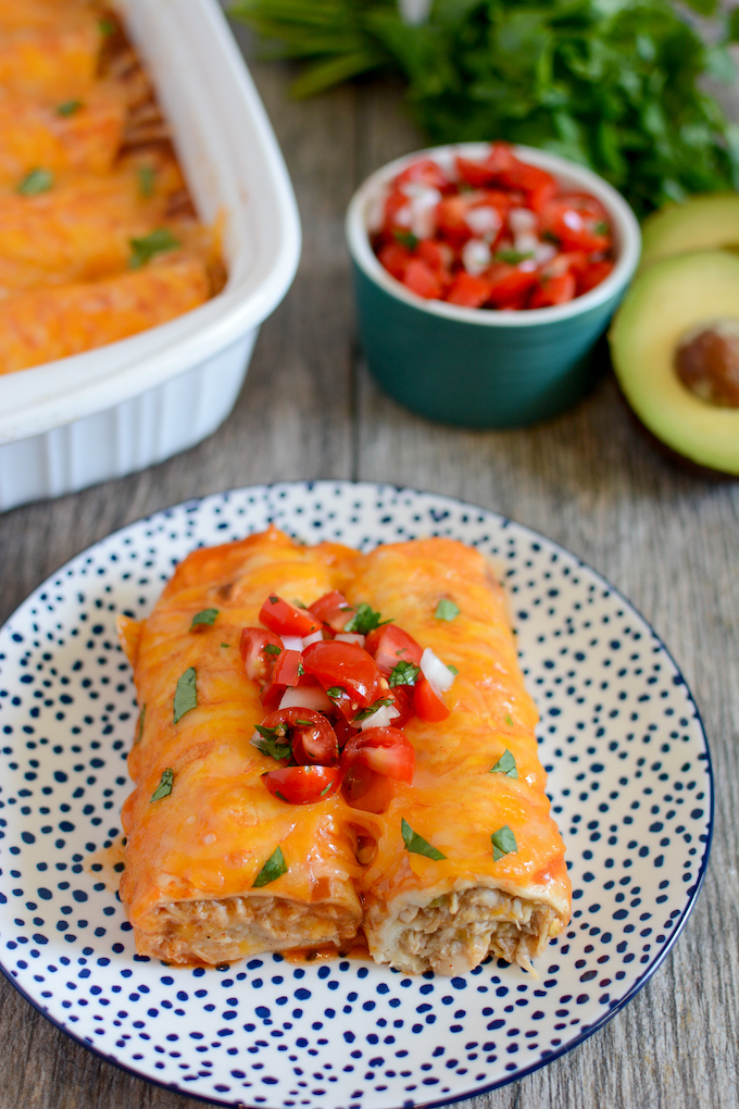 healthy chicken enchiladas made with chicken, white beans and Greek yogurt.